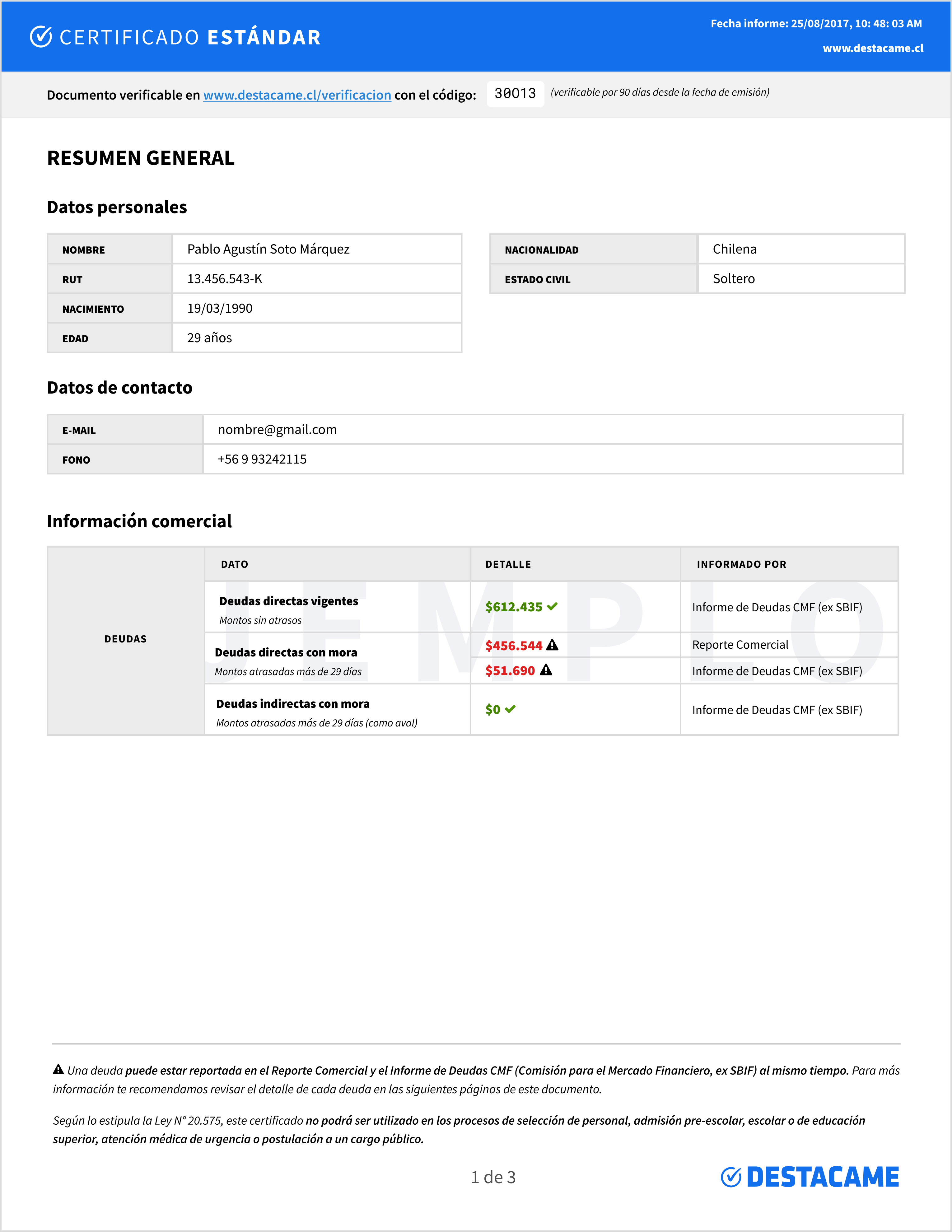 Ejemplo Certificado Estándar página 1